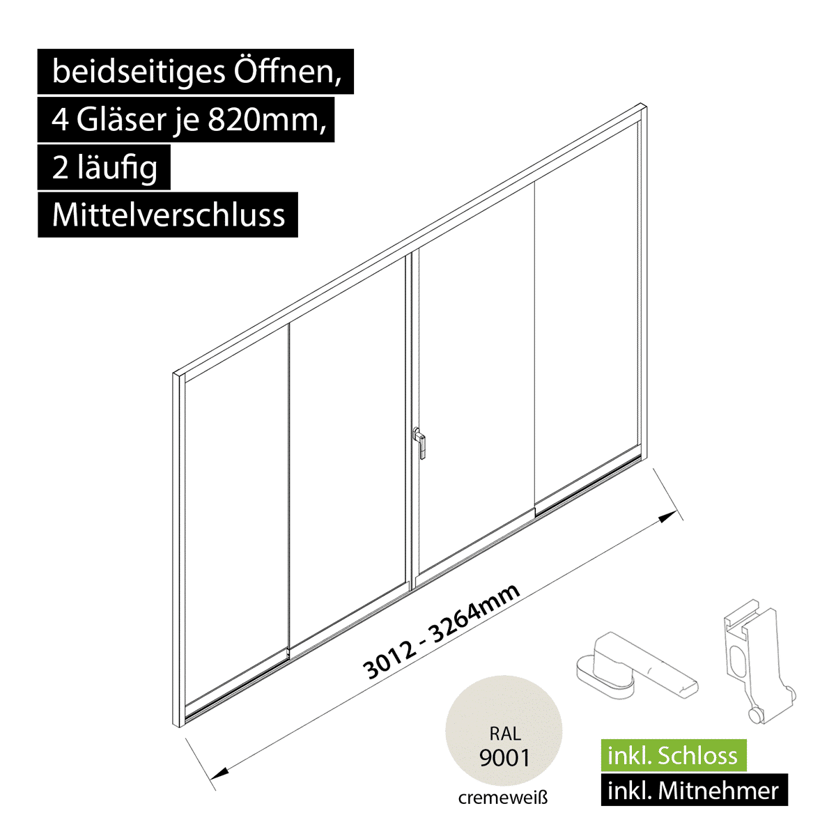 Glasschiebewand versperrbar 2 läufig 4 Gläser je 820mm mit Mitnehmern für die Gläser und Schloss beidseitig öffenbar in cremeweiß RAL 9001