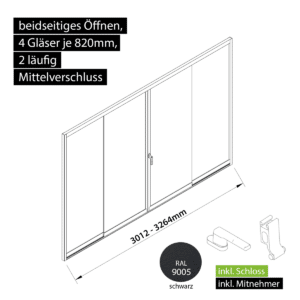 Glasschiebewand versperrbar 2 läufig 4 Gläser je 820mm mit Mitnehmern für die Gläser und Schloss beidseitig öffenbar in schwarz RAL 9005