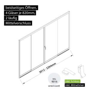 Glasschiebewand versperrbar 2 läufig 4 Gläser je 820mm mit Mitnehmern für die Gläser und Schloss beidseitig öffenbar in verkehrsweiß RAL 9016