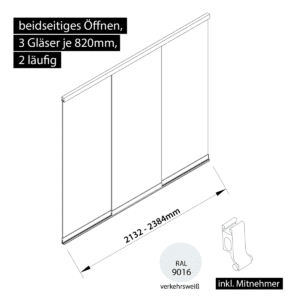 Glasschiebewand 2 läufig 3 Gläser je 820mm mit Mitnehmern für die Gläser beidseitig öffenbar in verkehrsweiß RAL 9016