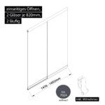 Glasschiebewand 2 läufig 2 Gläser je 820mm mit Mitnehmern für die Gläser einseitig öffenbar in anthrazit/graphitgrau RAL 7024