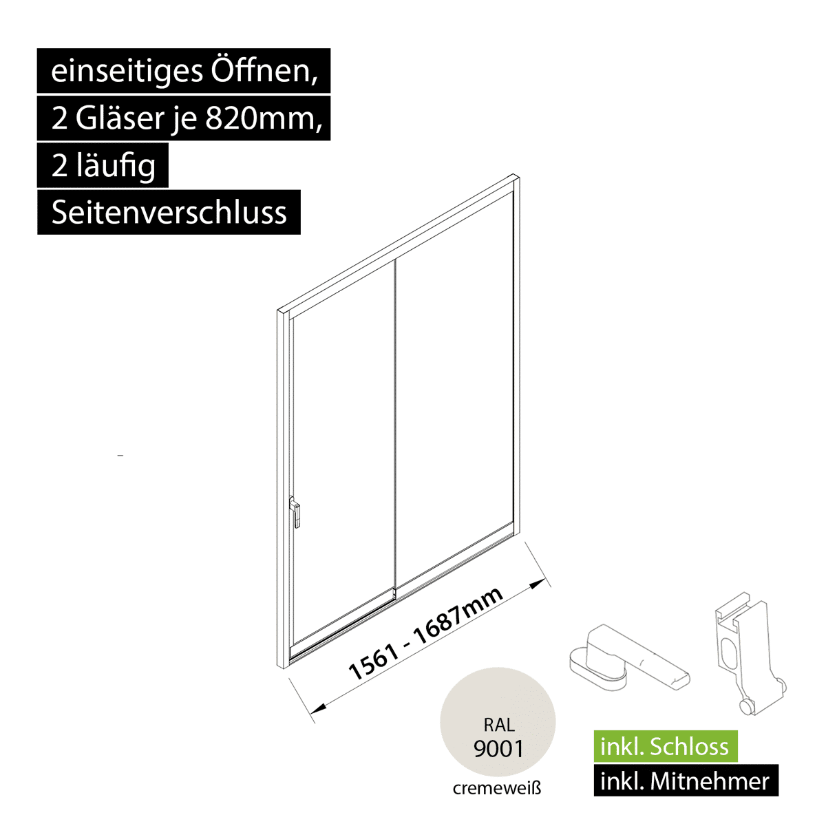 Glasschiebewand versperrbar 2 läufig 2 Gläser je 820mm mit Mitnehmern für die Gläser und Schloss einseitig öffenbar in cremeweiß RAL 9001