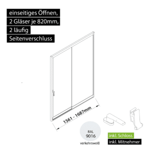 Glasschiebewand versperrbar 2 läufig 2 Gläser je 820mm mit Mitnehmern für die Gläser und Schloss einseitig öffenbar in verkehrsweiß RAL 9016