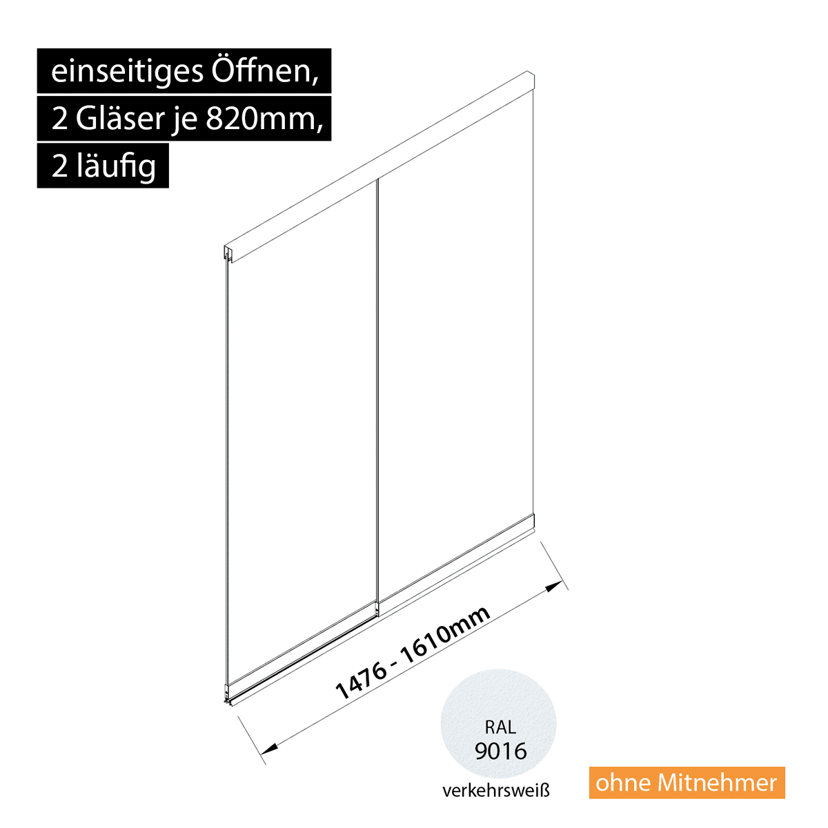 Glasschiebewand 2 läufig 2 Gläser je 820mm einseitig öffenbar in verkehrsweiß RAL 9016