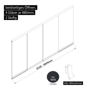 Glasschiebewand 2 läufig 4 Gläser je 980mm mit Mitnehmern für die Gläser beidseitig öffenbar in schwarz RAL 9005