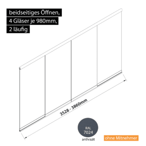 Glasschiebewand 2 läufig 4 Gläser je 980mm beidseitig öffenbar in anthrazit/graphitgrau RAL 7024