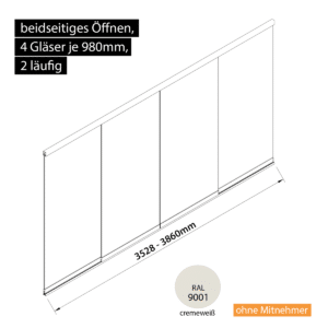 Glasschiebewand 2 läufig 4 Gläser je 980mm beidseitig öffenbar in cremeweiß RAL 9001