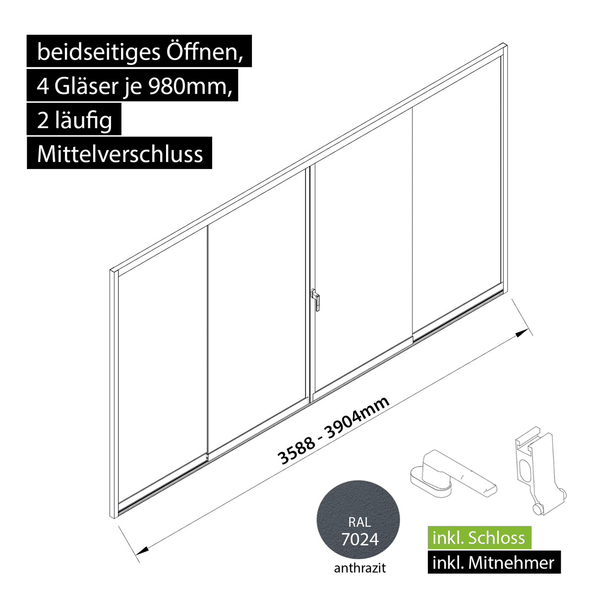 Glasschiebewand versperrbar 2 läufig 4 Gläser je 980mm mit Mitnehmern für die Gläser und Schloss beidseitig öffenbar in anthrazit/graphitgrau RAL 7024