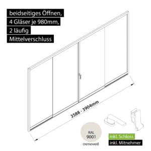 Glasschiebewand versperrbar 2 läufig 4 Gläser je 980mm mit Mitnehmern für die Gläser und Schloss beidseitig öffenbar in cremeweiß RAL 9001