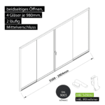 Glasschiebewand versperrbar 2 läufig 4 Gläser je 980mm mit Mitnehmern für die Gläser und Schloss beidseitig öffenbar in schwarz RAL 9005