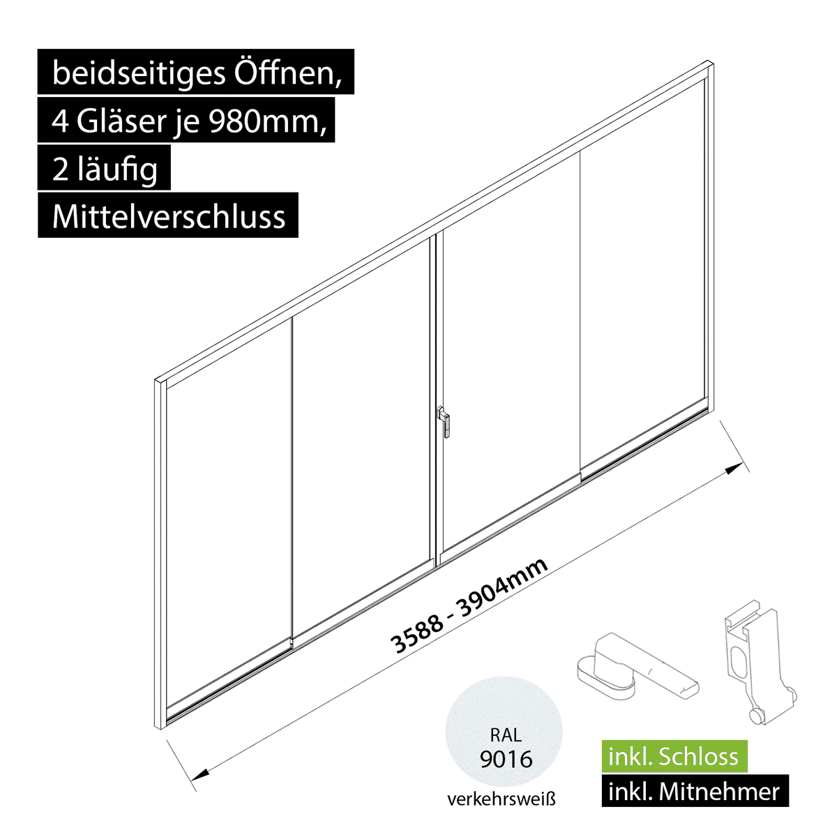 Glasschiebewand versperrbar 2 läufig 4 Gläser je 980mm mit Mitnehmern für die Gläser und Schloss beidseitig öffenbar in verkehrsweiß RAL 9016