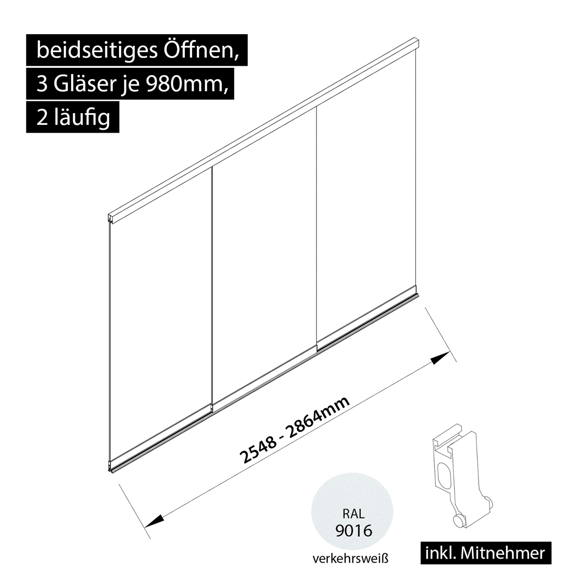 Glasschiebewand 2 läufig 3 Gläser je 980mm mit Mitnehmern für die Gläser beidseitig öffenbar in verkehrsweiß RAL 9016