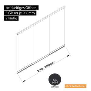 Glasschiebewand 2 läufig 3 Gläser je 980mm beidseitig öffenbar in schwarz RAL 9005