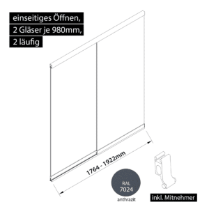 Glasschiebewand 2 läufig 2 Gläser je 980mm mit Mitnehmern für die Gläser einseitig öffenbar in anthrazit/graphitgrau RAL 7024