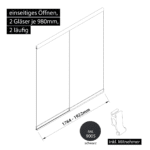 Glasschiebewand 2 läufig 2 Gläser je 980mm mit Mitnehmern für die Gläser einseitig öffenbar in schwarz RAL 9005