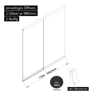 Glasschiebewand 2 läufig 2 Gläser je 980mm mit Mitnehmern für die Gläser einseitig öffenbar in schwarz RAL 9005