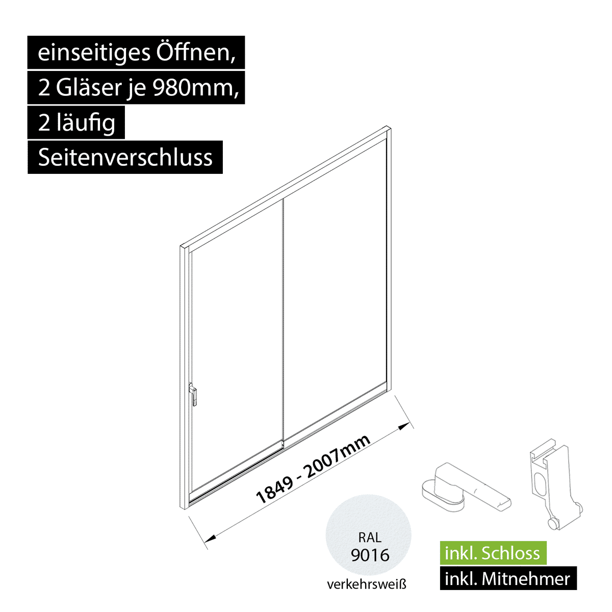 Glasschiebewand versperrbar 2 läufig 2 Gläser je 980mm mit Mitnehmern für die Gläser und Schloss einseitig öffenbar in verkehrsweiß RAL 9016