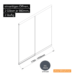 Glasschiebewand 2 läufig 2 Gläser je 980mm einseitig öffenbar in anthrazit/graphitgrau RAL 7024