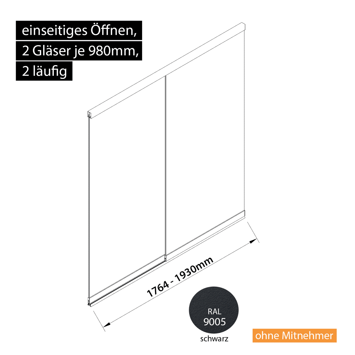 Glasschiebewand 2 läufig 2 Gläser je 980mm einseitig öffenbar in schwarz RAL 9005