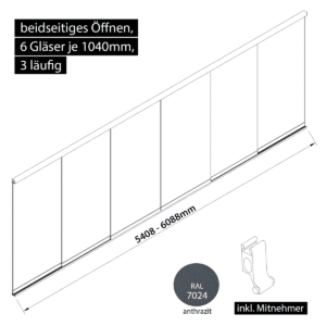 Glasschiebewand 3 läufig 6 Gläser je 1040mm mit Mitnehmern für die Gläser beidseitig öffenbar in anthrazit/graphitgrau RAL 7024