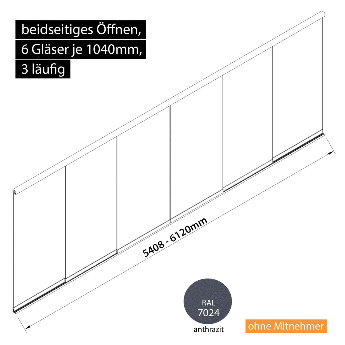 Glasschiebewand 3 läufig 6 Gläser je 1040mm beidseitig öffenbar in anthrazit/graphitgrau RAL 7024