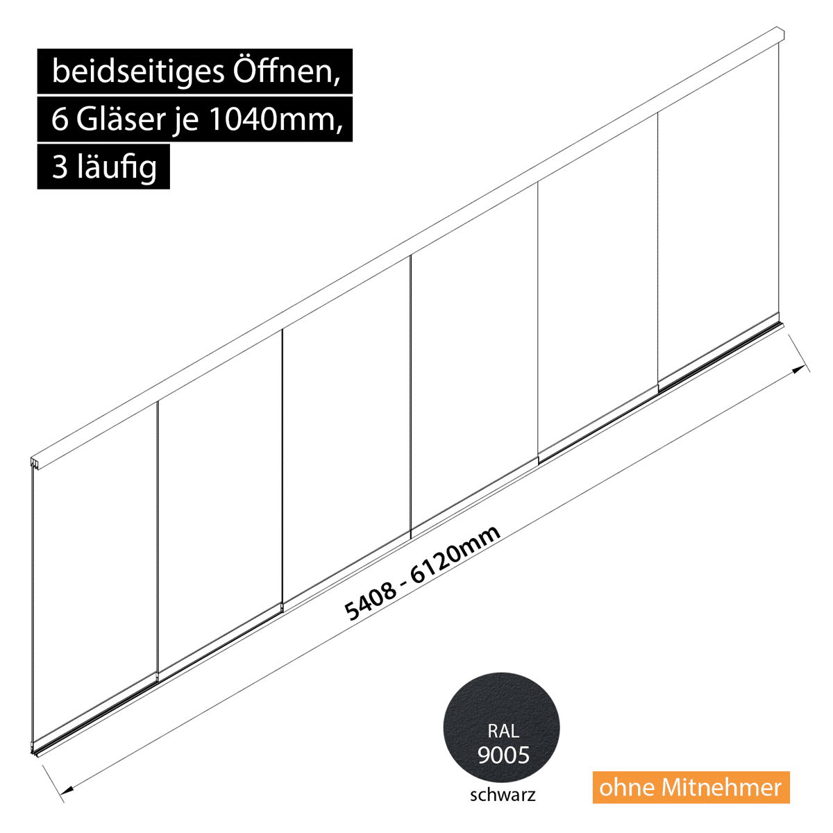 Glasschiebewand 3 läufig 6 Gläser je 1040mm beidseitig öffenbar in schwarz RAL 9005