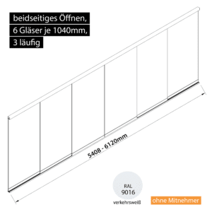 Glasschiebewand 3 läufig 6 Gläser je 1040mm beidseitig öffenbar in verkehrsweiß RAL 9016