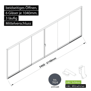 Glasschiebewand versperrbar 3 läufig 6 Gläser je 1040mm mit Mitnehmern für die Gläser und Schloss beidseitig öffenbar in anthrazit/graphitgrau RAL 7024