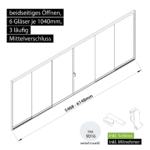 Glasschiebewand versperrbar 3 läufig 6 Gläser je 1040mm mit Mitnehmern für die Gläser und Schloss beidseitig öffenbar in verkehrsweiß RAL 9016