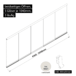 Glasschiebewand 3 läufig 5 Gläser je 1040mm mit Mitnehmern für die Gläser beidseitig öffenbar in cremeweiß RAL 9001