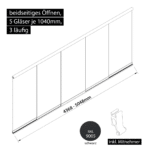 Glasschiebewand 3 läufig 5 Gläser je 1040mm mit Mitnehmern für die Gläser beidseitig öffenbar in schwarz RAL 9005