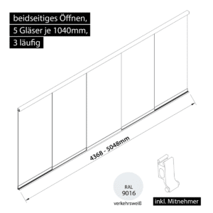 Glasschiebewand 3 läufig 5 Gläser je 1040mm mit Mitnehmern für die Gläser beidseitig öffenbar in verkehrsweiß RAL 9016