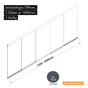 Glasschiebewand 3 läufig 5 Gläser je 1040mm beidseitig öffenbar in anthrazit/graphitgrau RAL 7024