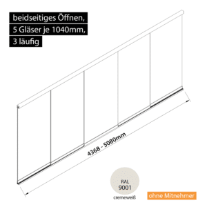 Glasschiebewand 3 läufig 5 Gläser je 1040mm beidseitig öffenbar in cremeweiß RAL 9001