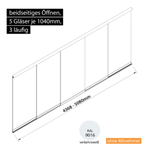 Glasschiebewand 3 läufig 5 Gläser je 1040mm beidseitig öffenbar in verkehrsweiß RAL 9016