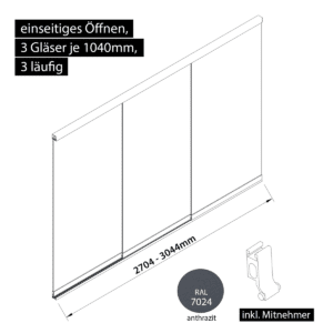 Glasschiebewand 3 läufig 3 Gläser je 1040mm mit Mitnehmern für die Gläser einseitig öffenbar in anthrazit/graphitgrau RAL 7024