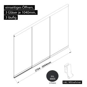 Glasschiebewand 3 läufig 3 Gläser je 1040mm mit Mitnehmern für die Gläser einseitig öffenbar in schwarz RAL 9005