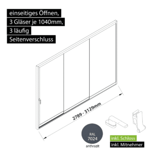 Glasschiebewand versperrbar 3 läufig 3 Gläser je 1040mm mit Mitnehmern für die Gläser und Schloss einseitig öffenbar in anthrazit/graphitgrau RAL 7024