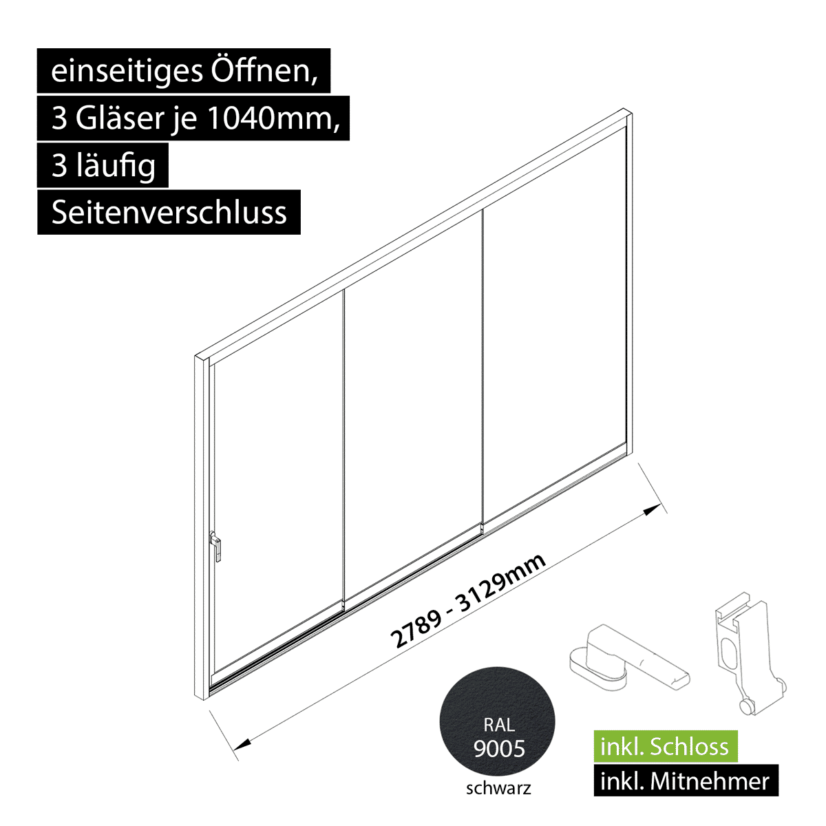 Glasschiebewand versperrbar 3 läufig 3 Gläser je 1040mm mit Mitnehmern für die Gläser und Schloss einseitig öffenbar in schwarz RAL 9005