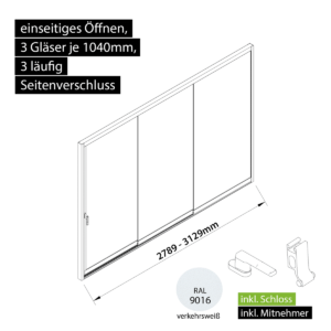 Glasschiebewand versperrbar 3 läufig 3 Gläser je 1040mm mit Mitnehmern für die Gläser und Schloss einseitig öffenbar in verkehrsweiß RAL 9016