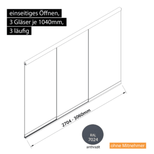 Glasschiebewand 3 läufig 3 Gläser je 1040mm einseitig öffenbar in anthrazit/graphitgrau RAL 7024