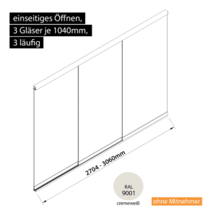 Glasschiebewand 3 läufig 3 Gläser je 1040mm einseitig öffenbar in cremeweiß RAL 9001