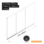 Glasschiebewand 3 läufig 3 Gläser je 1040mm einseitig öffenbar in schwarz RAL 9005