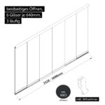 Glasschiebewand 3 läufig 6 Gläser je 640mm mit Mitnehmern für die Gläser beidseitig öffenbar in schwarz RAL 9005