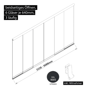 Glasschiebewand 3 läufig 6 Gläser je 640mm mit Mitnehmern für die Gläser beidseitig öffenbar in schwarz RAL 9005