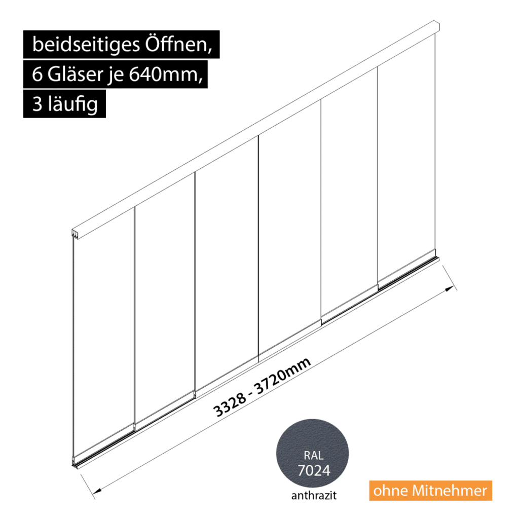 Glasschiebewand 3 läufig 6 Gläser je 640mm beidseitig öffenbar in anthrazit/graphitgrau RAL 7024