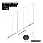 Glasschiebewand 3 läufig 5 Gläser je 640mm mit Mitnehmern für die Gläser beidseitig öffenbar in schwarz RAL 9005