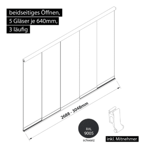 Glasschiebewand 3 läufig 5 Gläser je 640mm mit Mitnehmern für die Gläser beidseitig öffenbar in schwarz RAL 9005