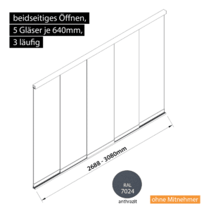 Glasschiebewand 3 läufig 5 Gläser je 640mm beidseitig öffenbar in anthrazit/graphitgrau RAL 7024