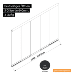 Glasschiebewand 3 läufig 5 Gläser je 640mm beidseitig öffenbar in schwarz RAL 9005